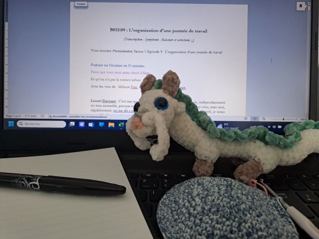 Photo d'illustration montrant un écran d'ordinateur allumé où on voit le début de transcription d'un épisode de Procrastination, un cahier avec un stylo, une peluche au crochet de Haku, et un projet au crochet en cours. 